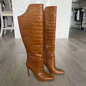 Brown Croc Knee-High High Heel Boots